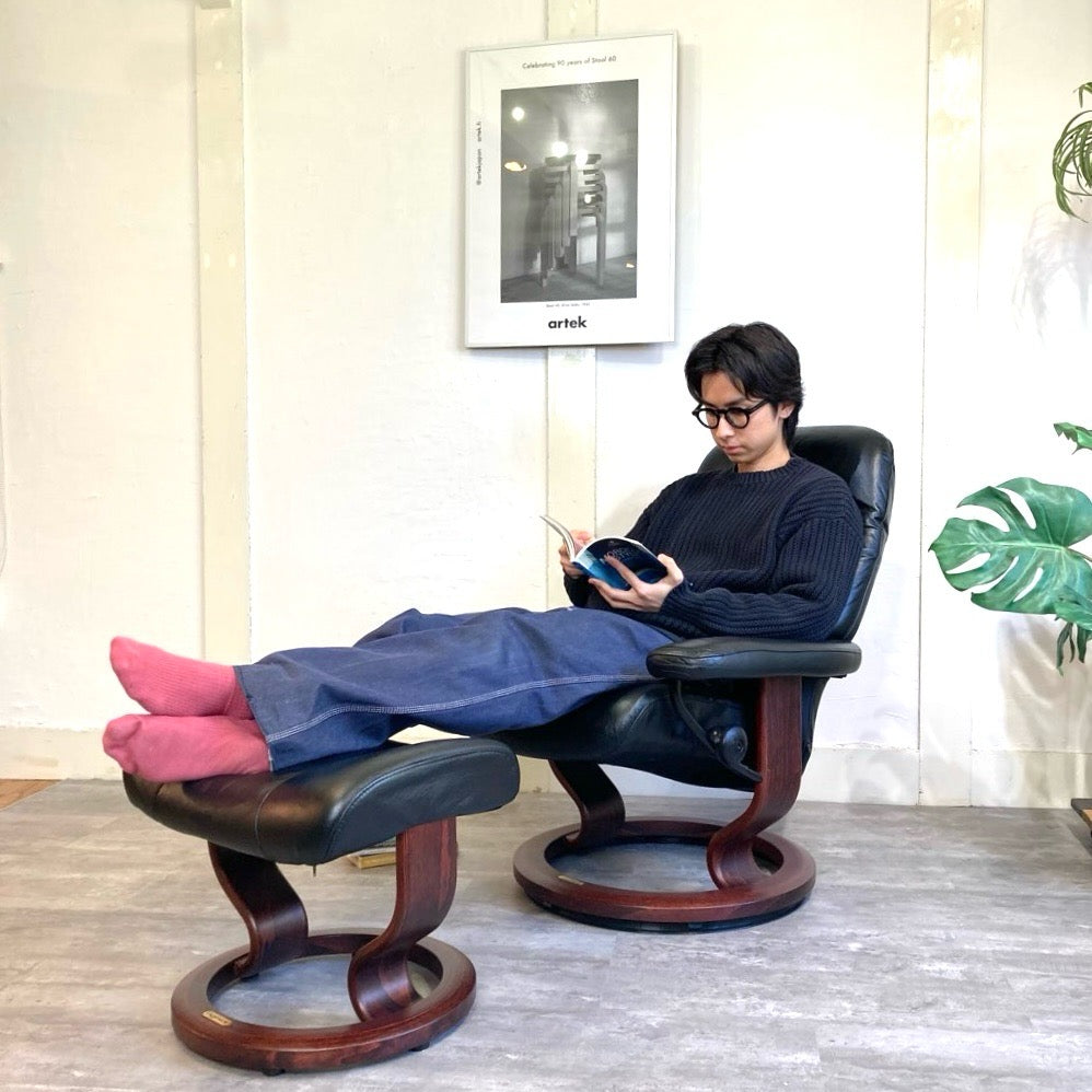 エコーネス / EKORNES ストレスレスチェア ストレスコンサル / Stressless Consul&オットマン Sサイズ  クラシックベース 本革張り 中古