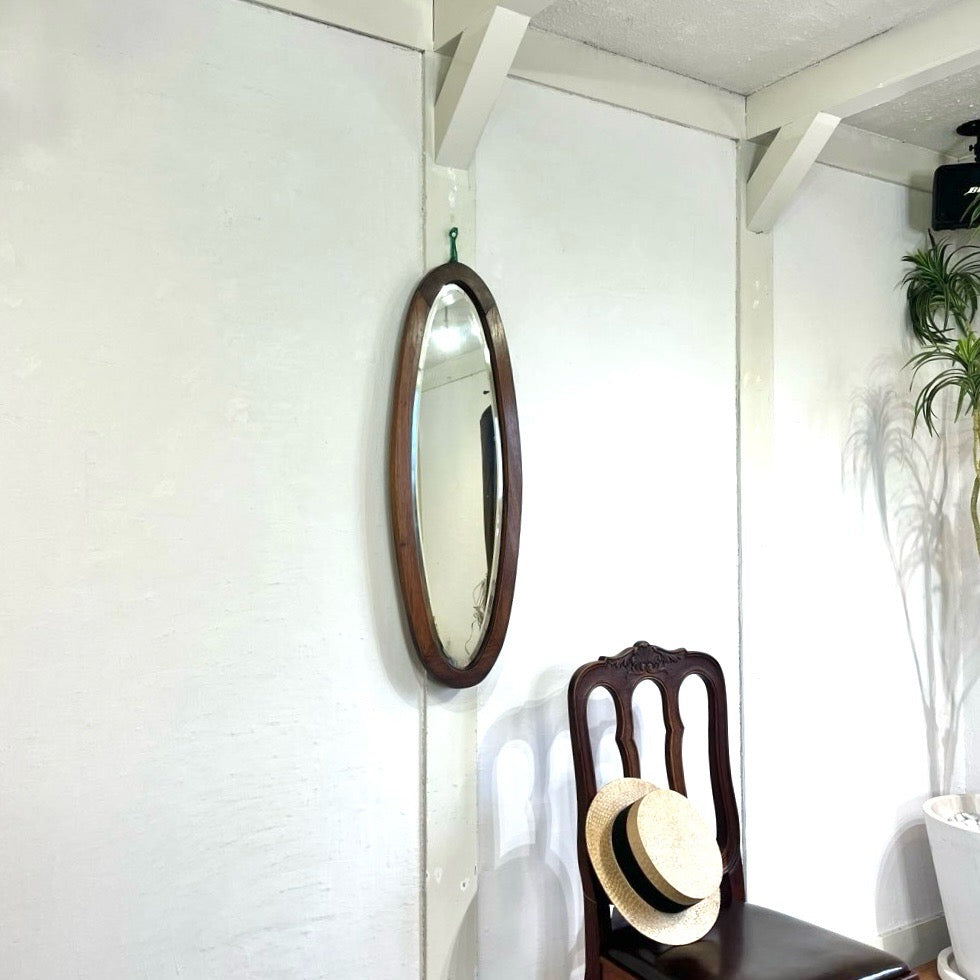 オーバル ウォールミラー 鏡 楕円 木製 壁掛けミラー アンティーク