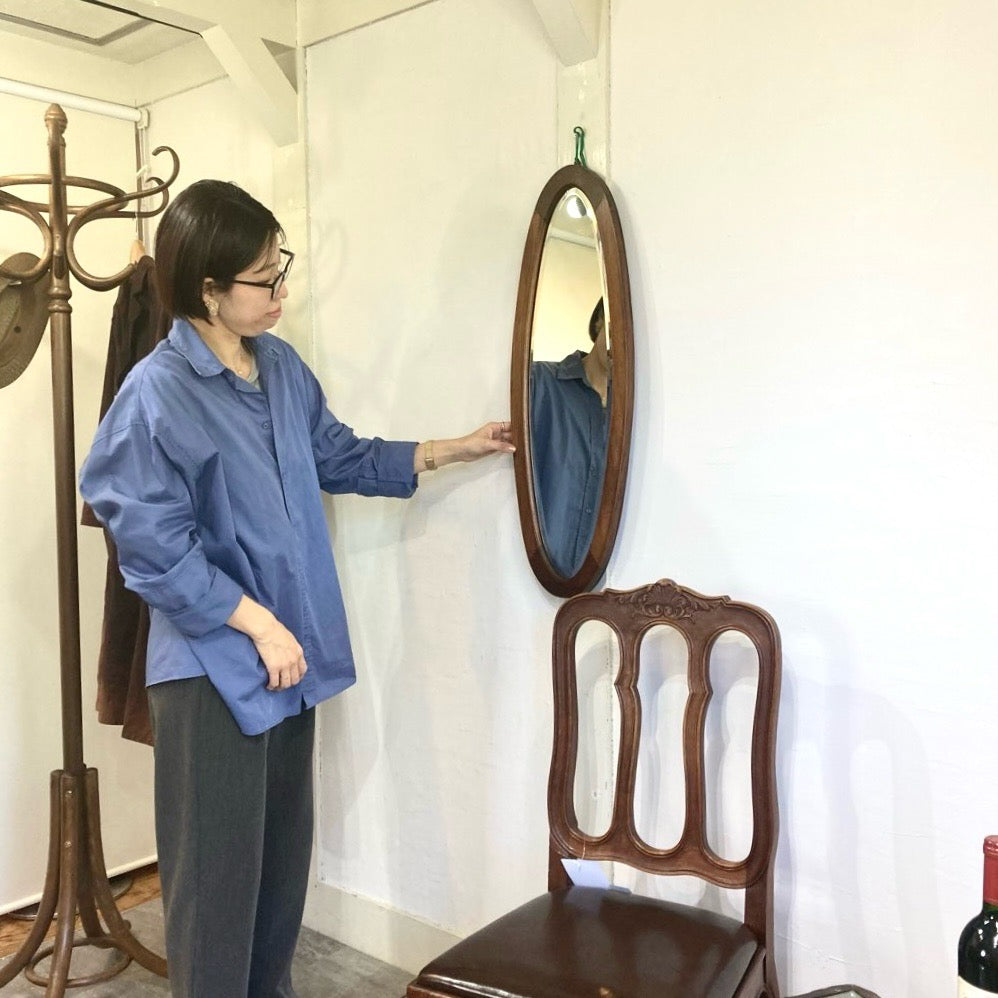 オーバル ウォールミラー 鏡 楕円 木製 壁掛けミラー アンティーク