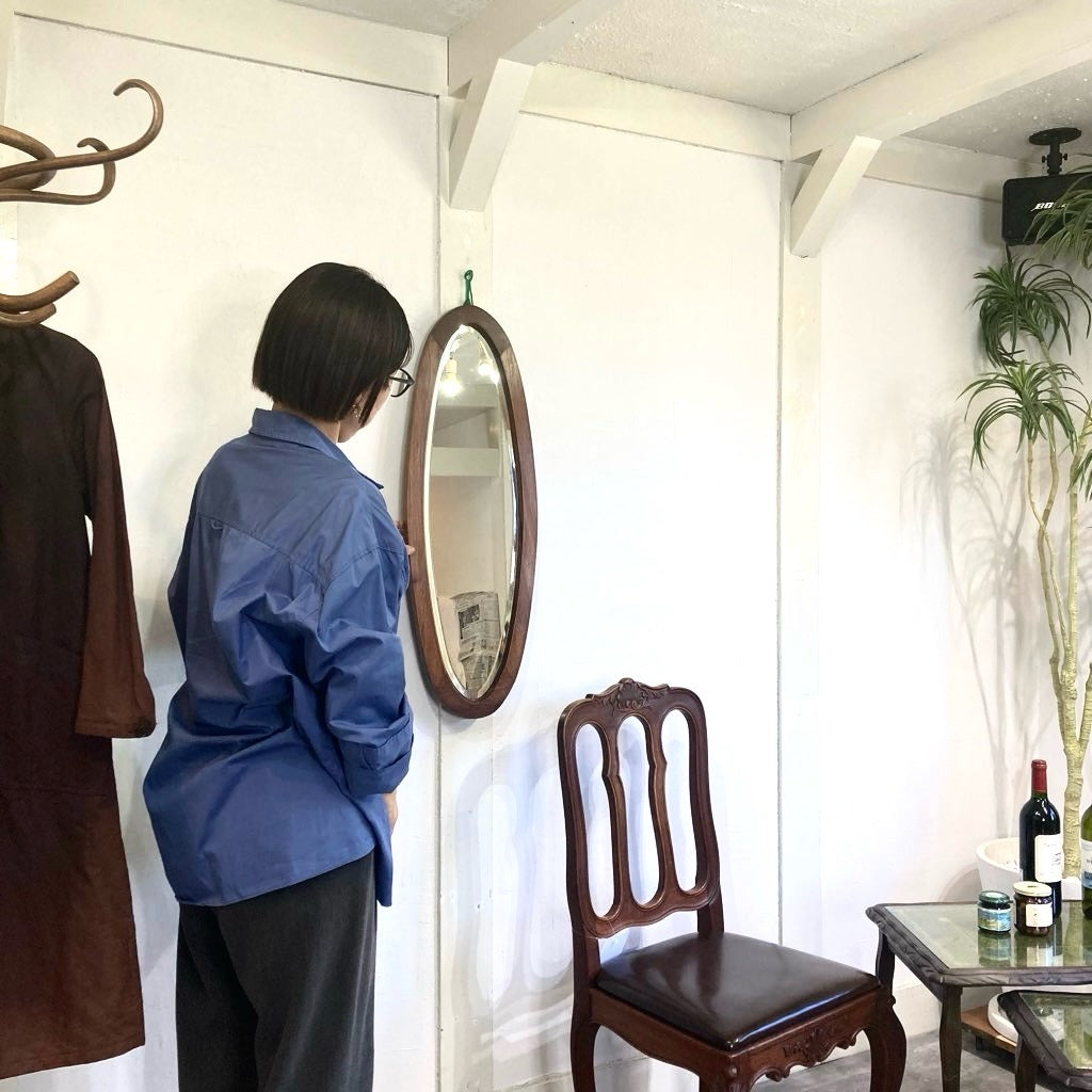 オーバル ウォールミラー 鏡 楕円 木製 壁掛けミラー アンティーク