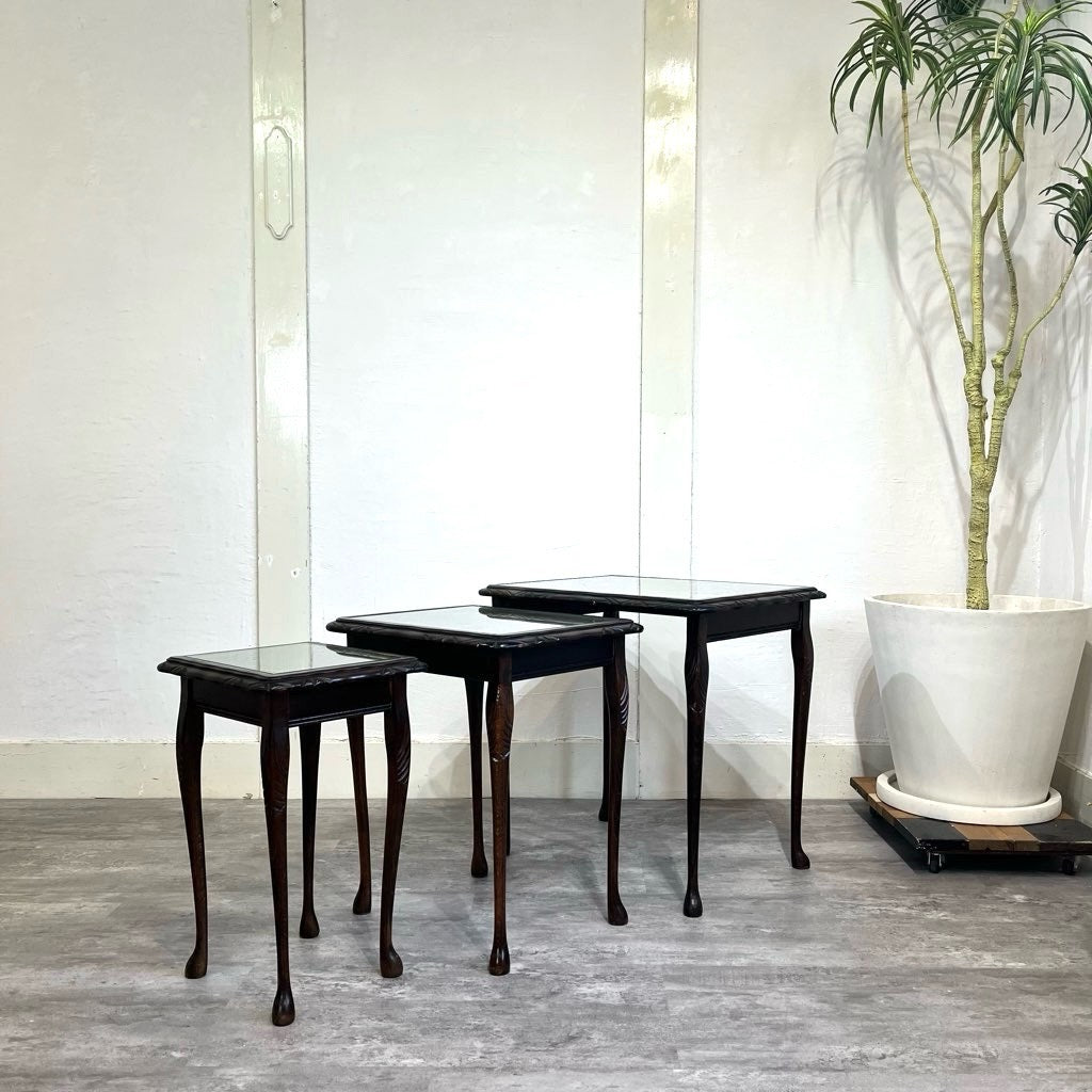 英国アンティーク ネストテーブル サイドテーブル 本革 マホガニー 猫脚