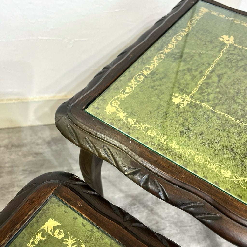 英国アンティーク ネストテーブル サイドテーブル 本革 マホガニー 猫脚