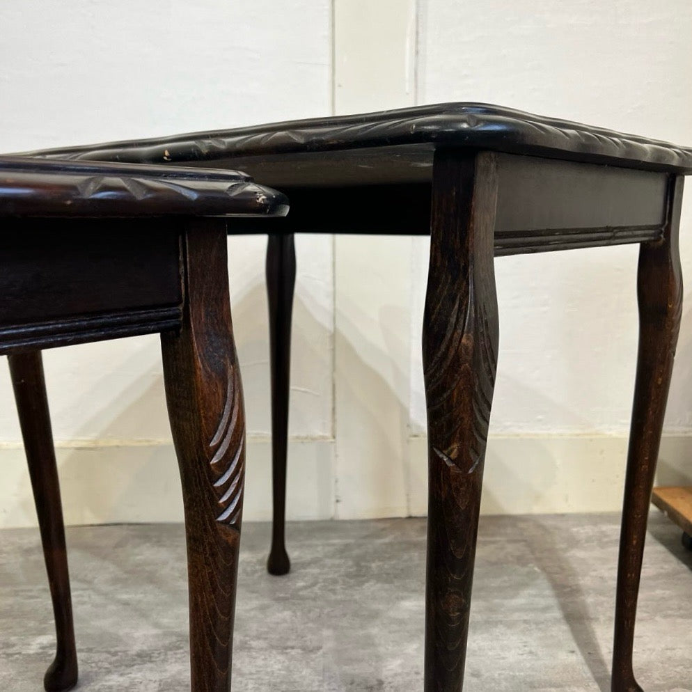 英国アンティーク ネストテーブル サイドテーブル 本革 マホガニー 猫脚