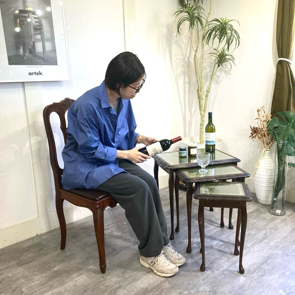 英国アンティーク ネストテーブル サイドテーブル 本革 マホガニー 猫脚