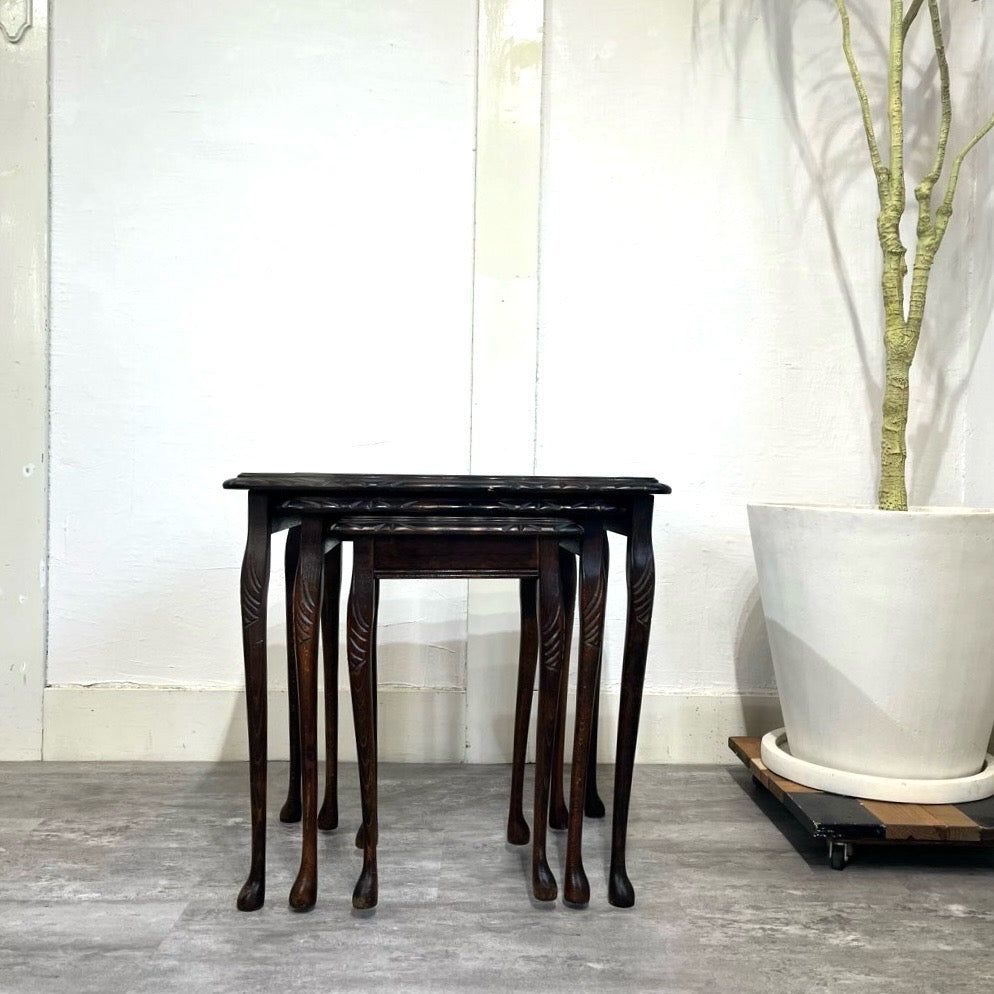 英国アンティーク ネストテーブル サイドテーブル 本革 マホガニー 猫脚