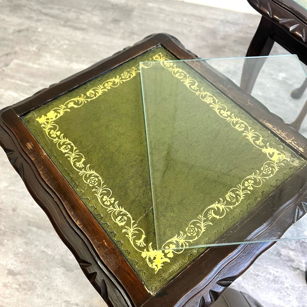 英国アンティーク ネストテーブル サイドテーブル 本革 マホガニー 猫脚