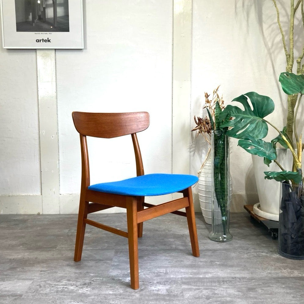 チーク材&ビーチ材 デンマーク製 ダイニングチェア サイドチェア ブルー 北欧 ヴィンテージ