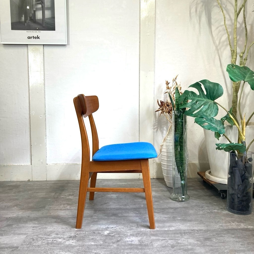チーク材&ビーチ材 デンマーク製 ダイニングチェア サイドチェア ブルー 北欧 ヴィンテージ