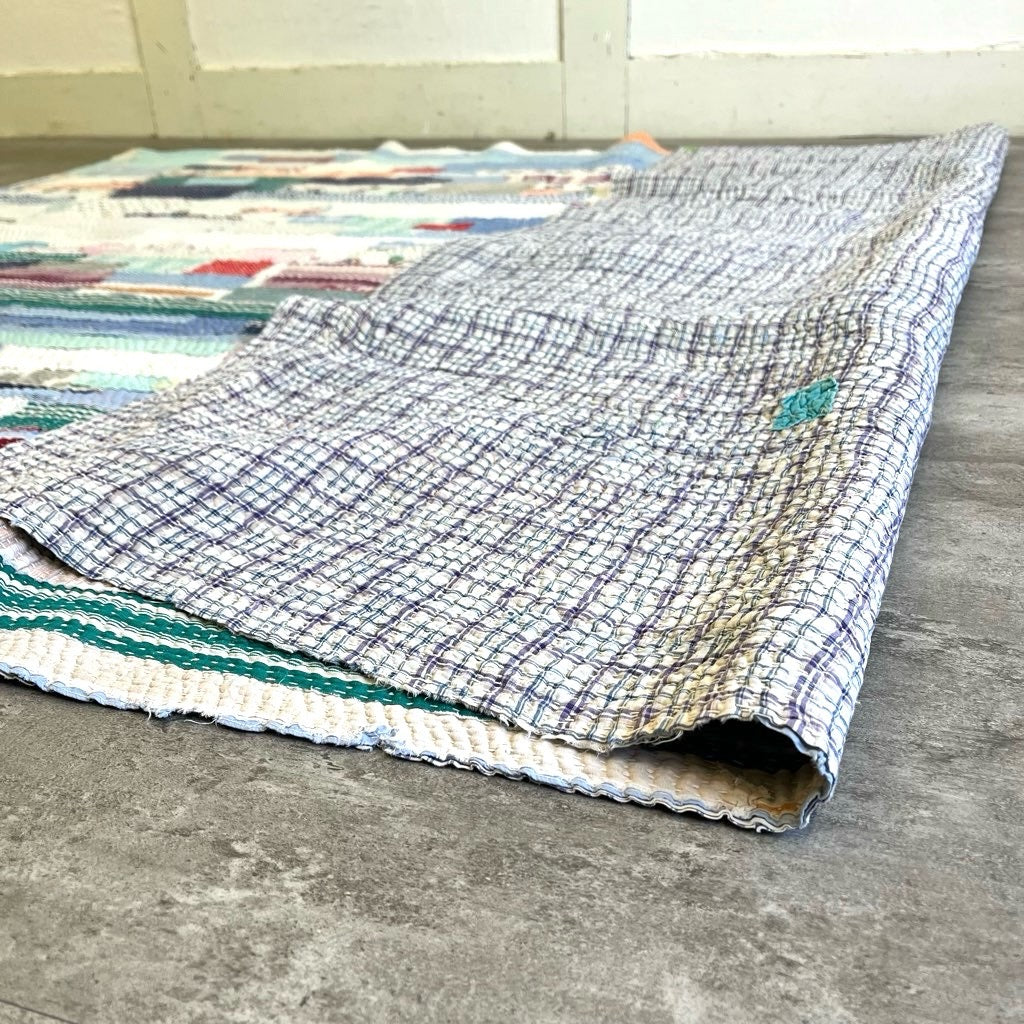 ラリーキルト ラグ パッチワーク ステッチ ブルー 200×152【2】 ヴィンテージ