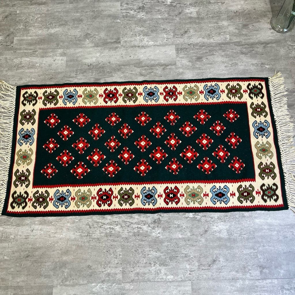 キリムラグ グリーン ウール 151×70【6】敷物 中古