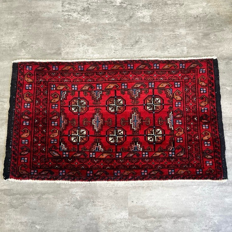 トライバルラグ 敷物 ウール レッド 100×57 ラグマット【4】 中古