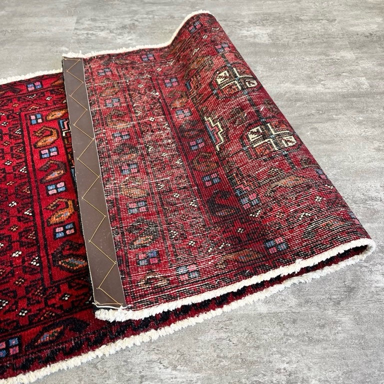 トライバルラグ 敷物 ウール レッド 100×57 ラグマット【4】 中古