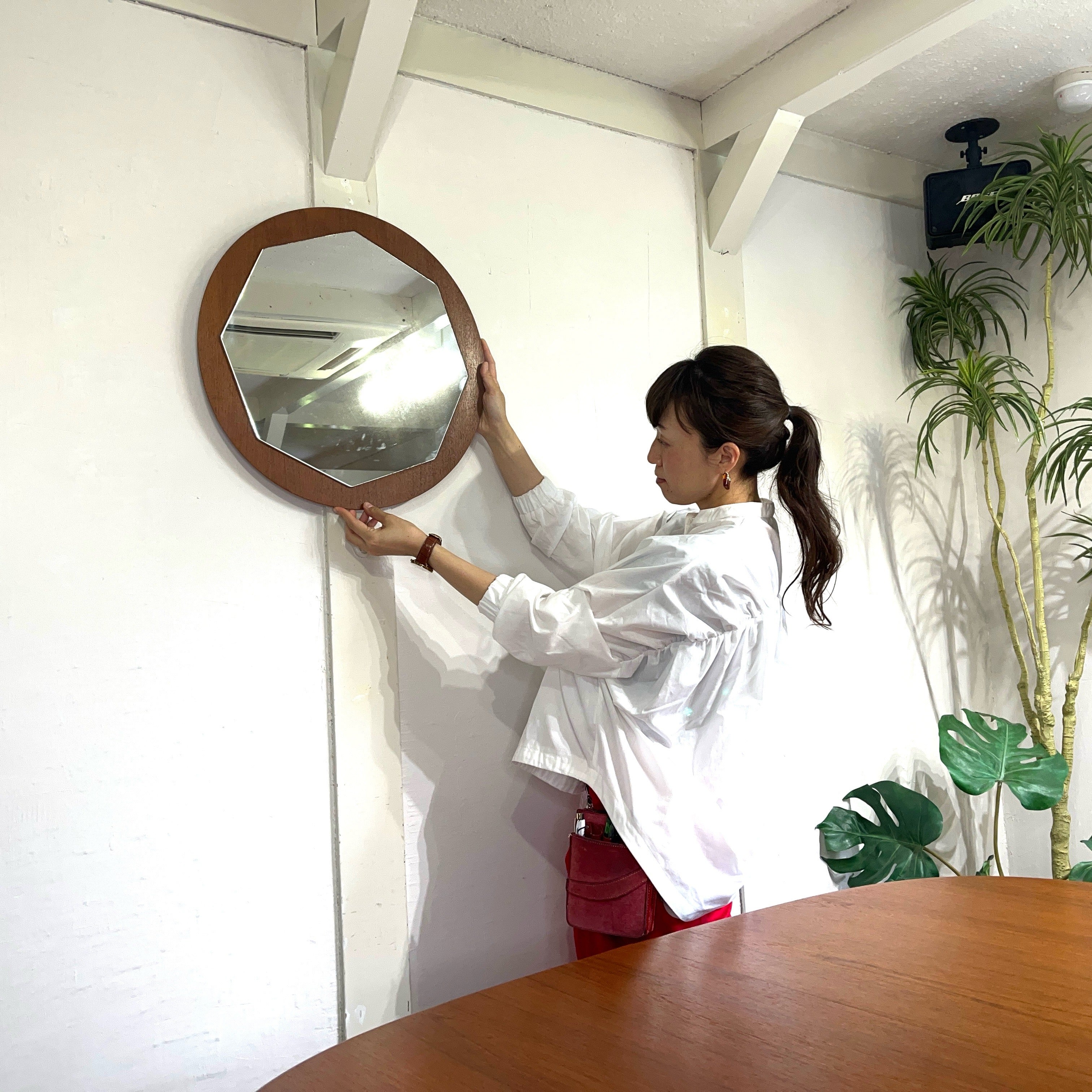 ウォールミラー 鏡 ラウンド 八角形 木製 壁掛けミラー ヴィンテージ