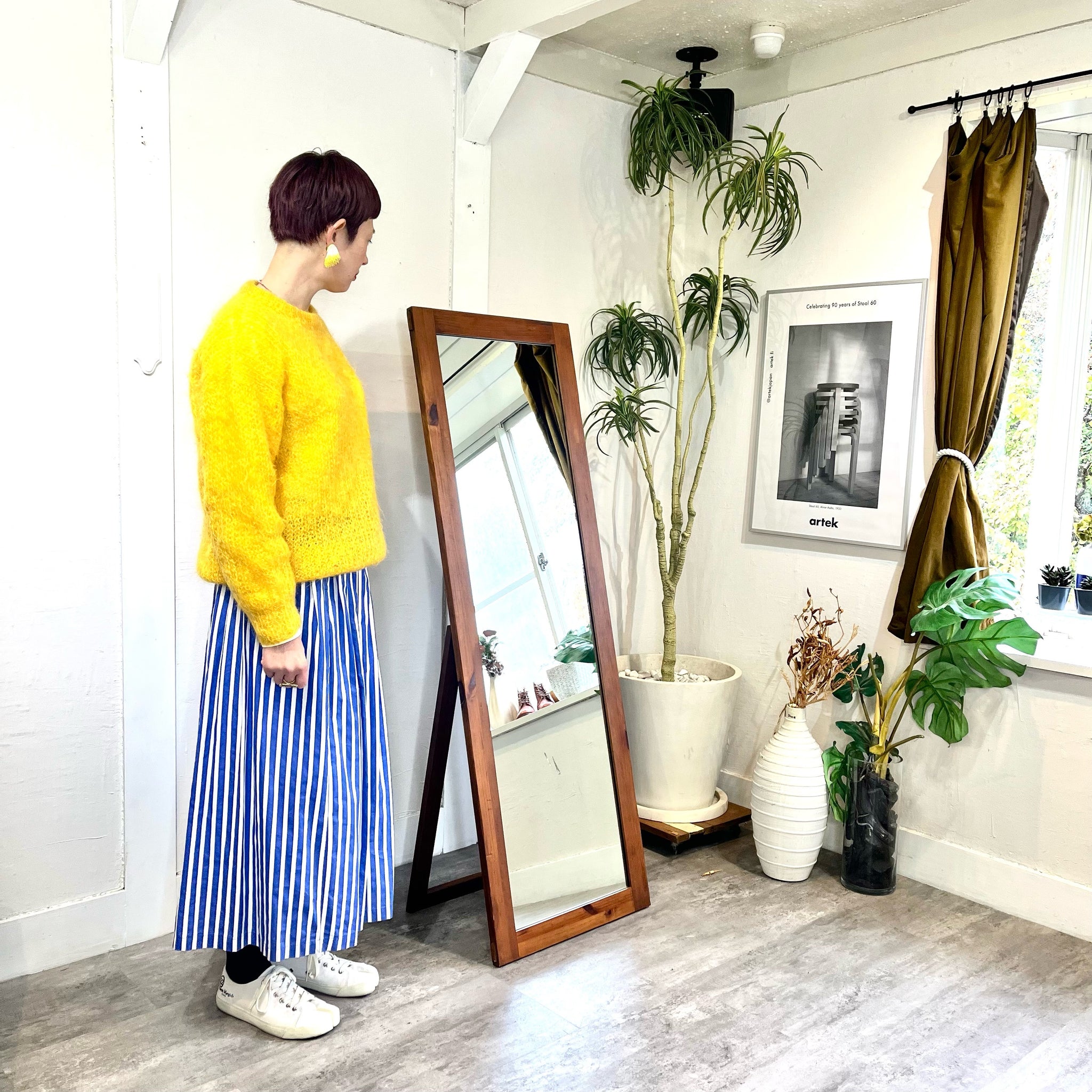 木枠 スタンドミラー ヴィンテージ風 150㎝ 中古 古材風 姿見 鏡 パイン