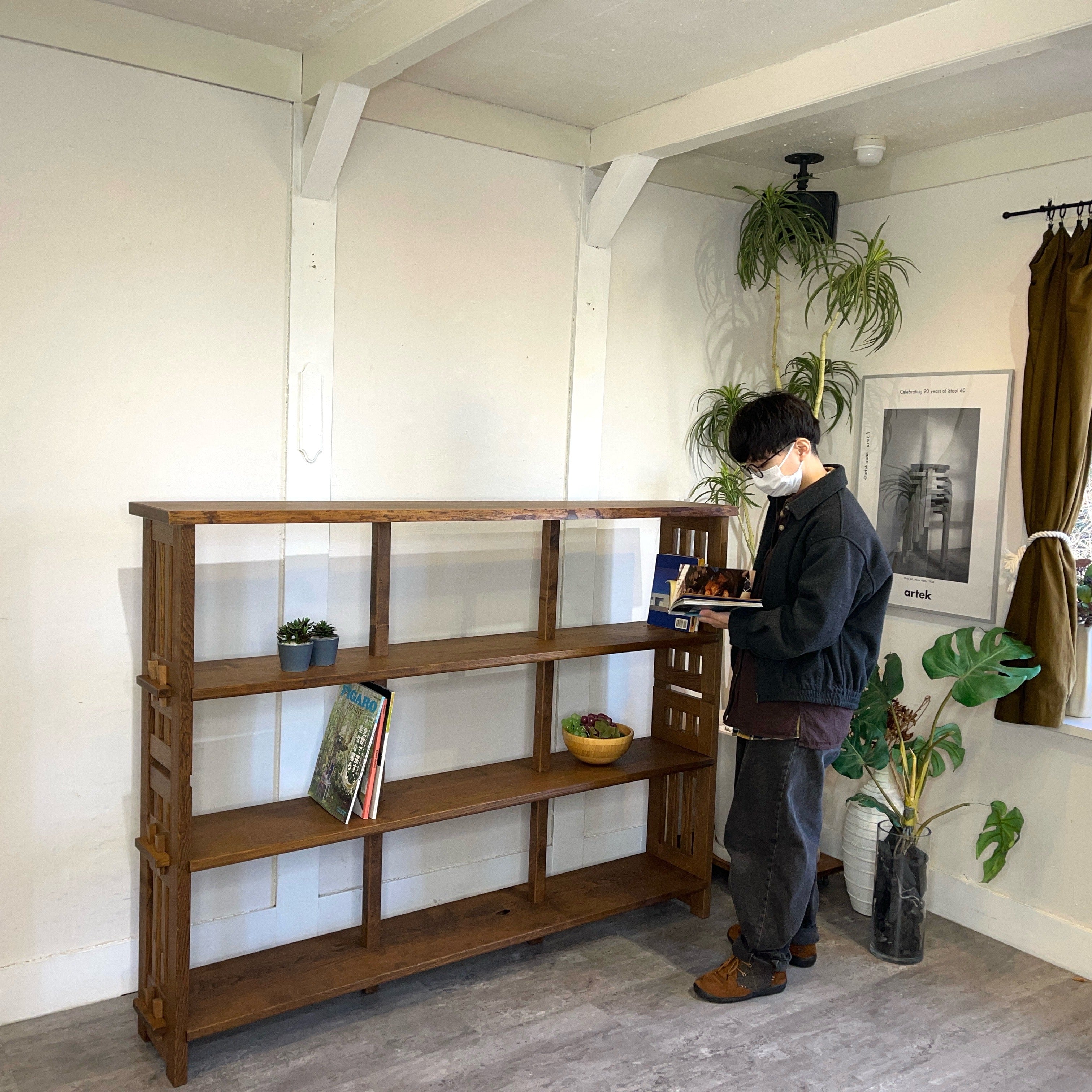 ナラ無垢材 楔式本棚 シェルフ キャビネット