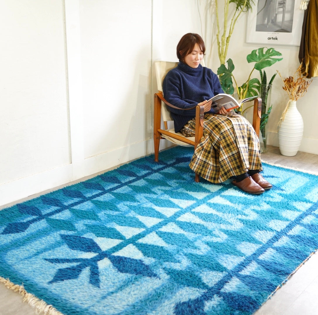 ヴィンテージ ラグ 敷物 ブルー 230cm 絨毯 青 北欧 デンマーク 