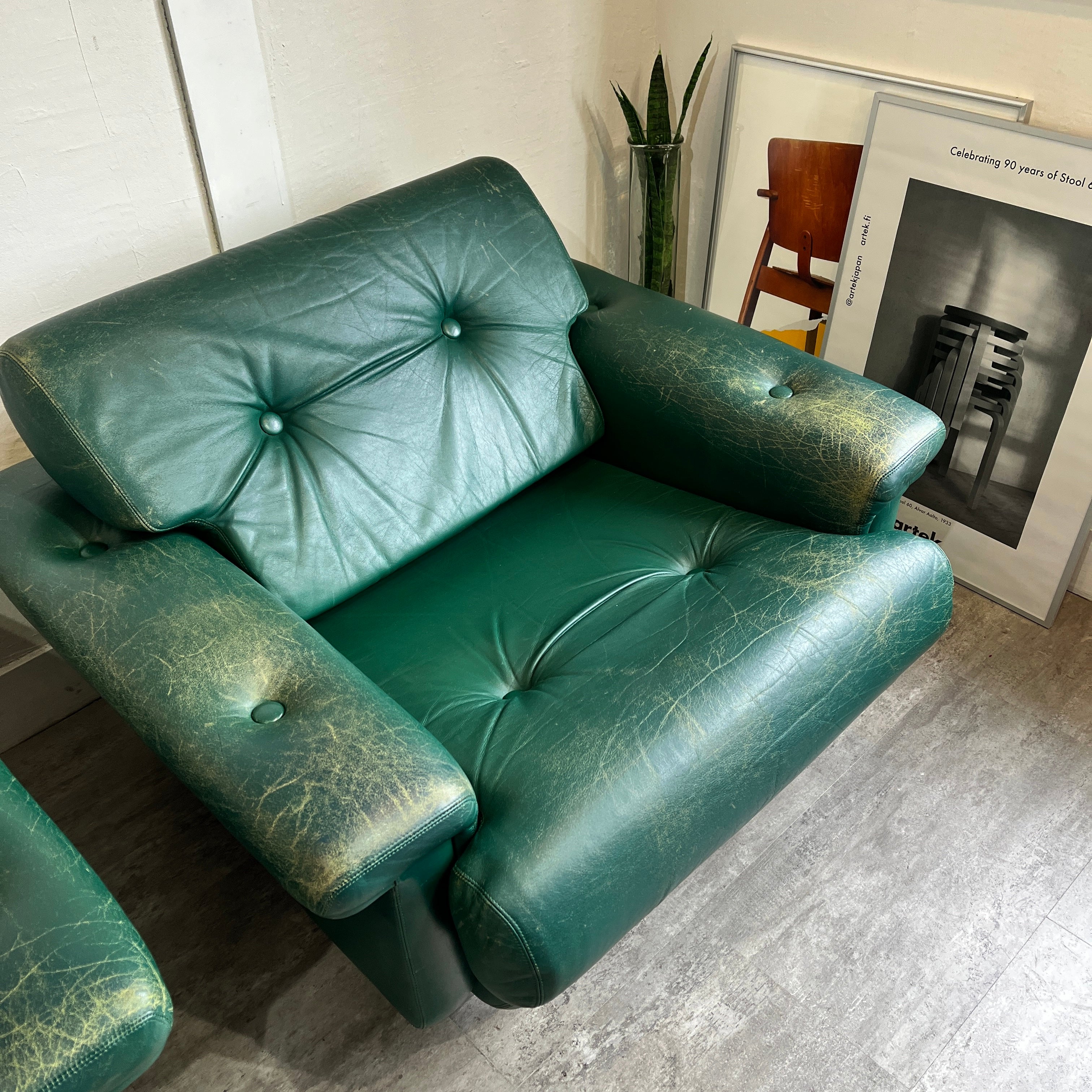 アスコ / ASKO 北欧 1人掛けソファ 1P グリーン 本革 キャスター付き ヴィンテージ