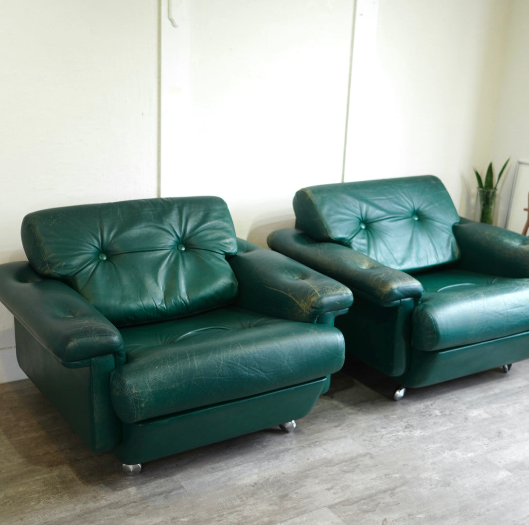 アスコ / ASKO 北欧 1人掛けソファ 1P グリーン 本革 キャスター付き ヴィンテージ