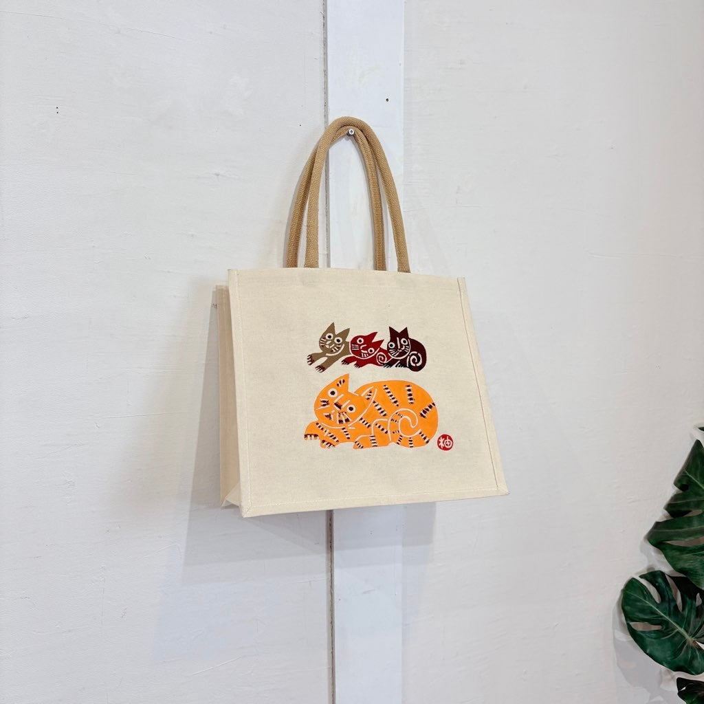 柚木沙弥郎 型染め バッグ 黄色い猫と3匹の子猫 かばん 未使用 トート