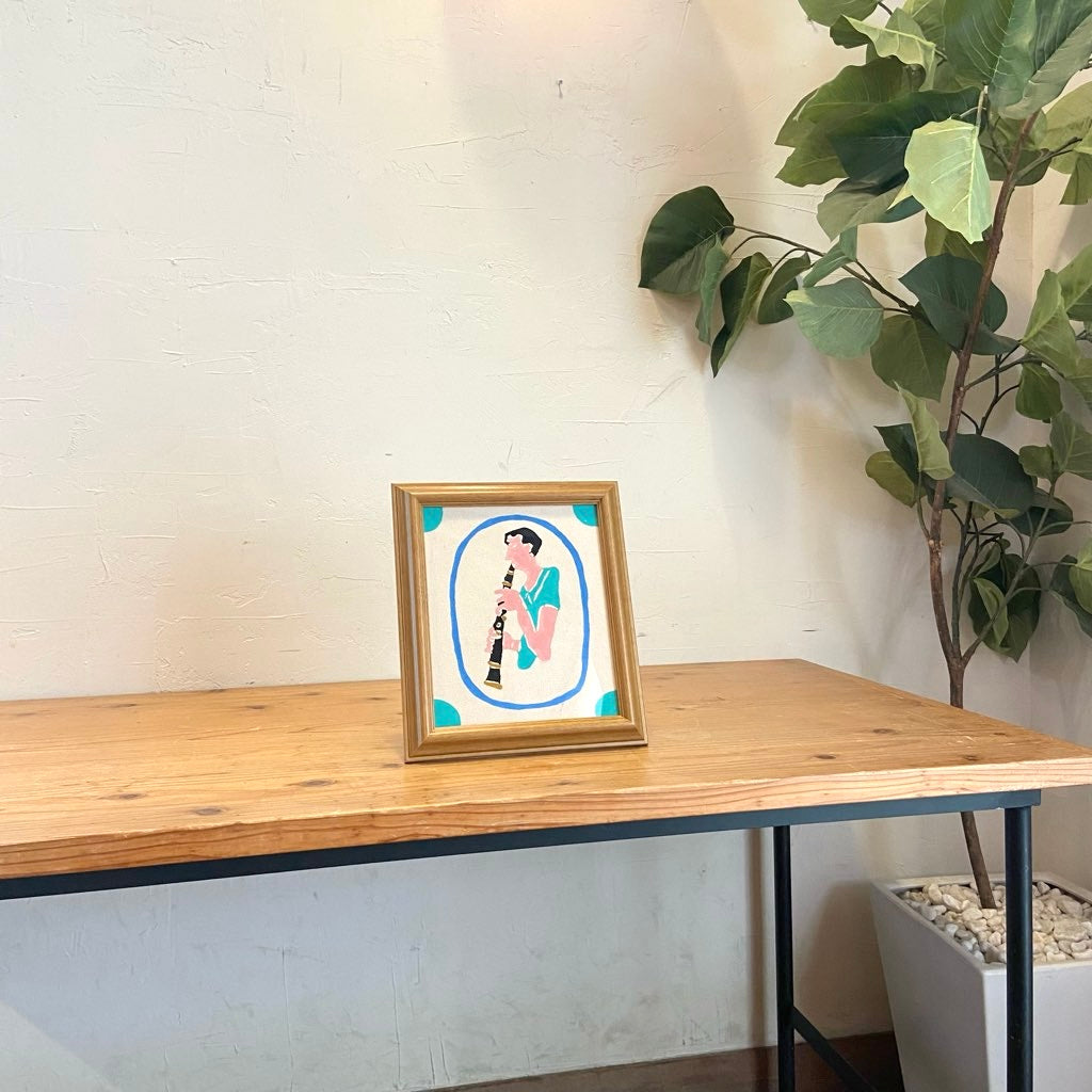 柚木沙弥郎 型染め絵 クラリネットを吹く人 額入り布 30×25