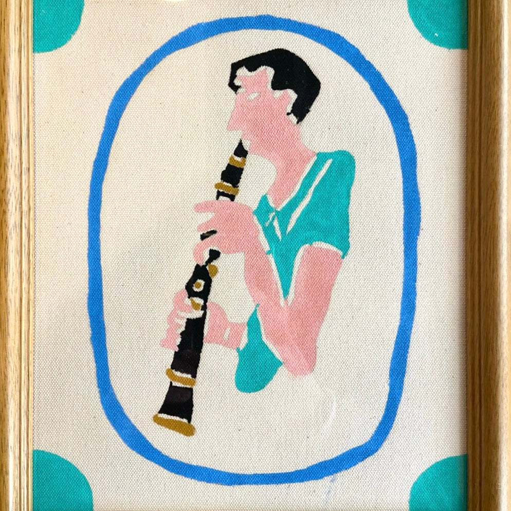 柚木沙弥郎 型染め絵 クラリネットを吹く人 額入り布 30×25