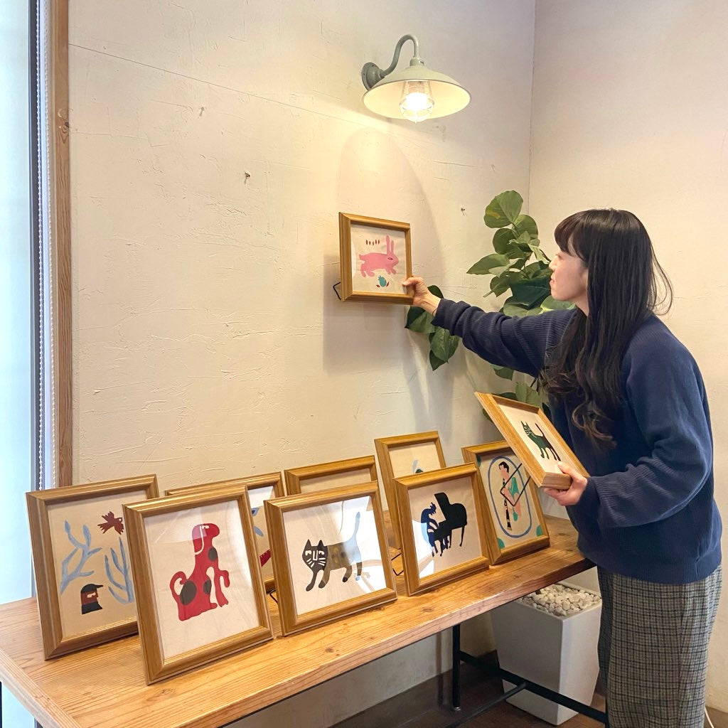 柚木沙弥郎 型染め絵 緑と黒の猫 額入り布 30×25