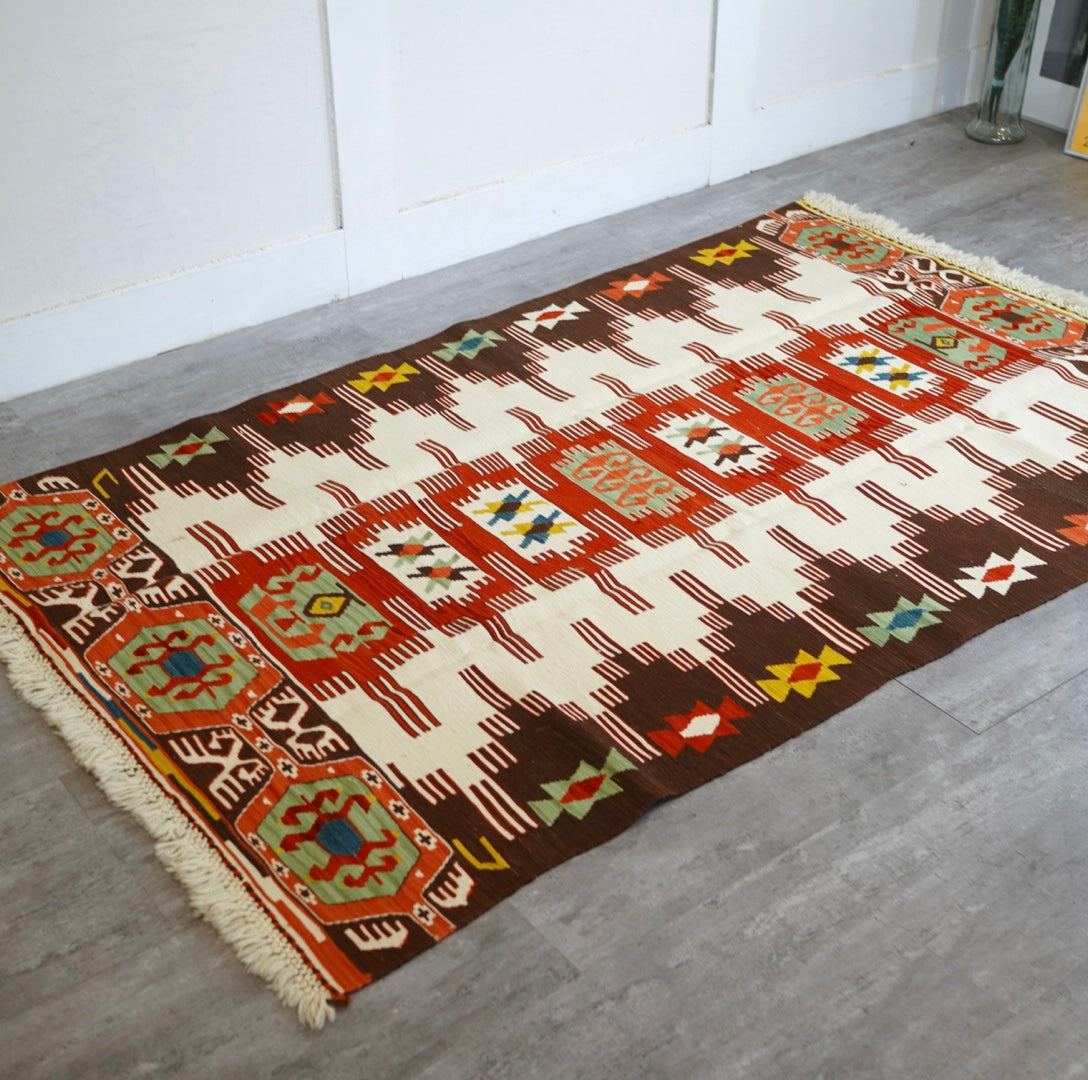 ヴィンテージキリムラグ レッド ウール 185×120 敷物 【1】 中古 赤系 