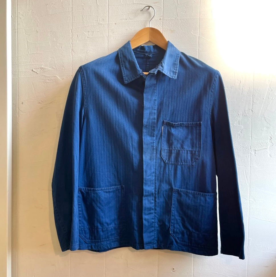 【古着】フランス ワークジャケット 70~80年代 ヘリンボーン ブルー メンズ ヴィンテージ