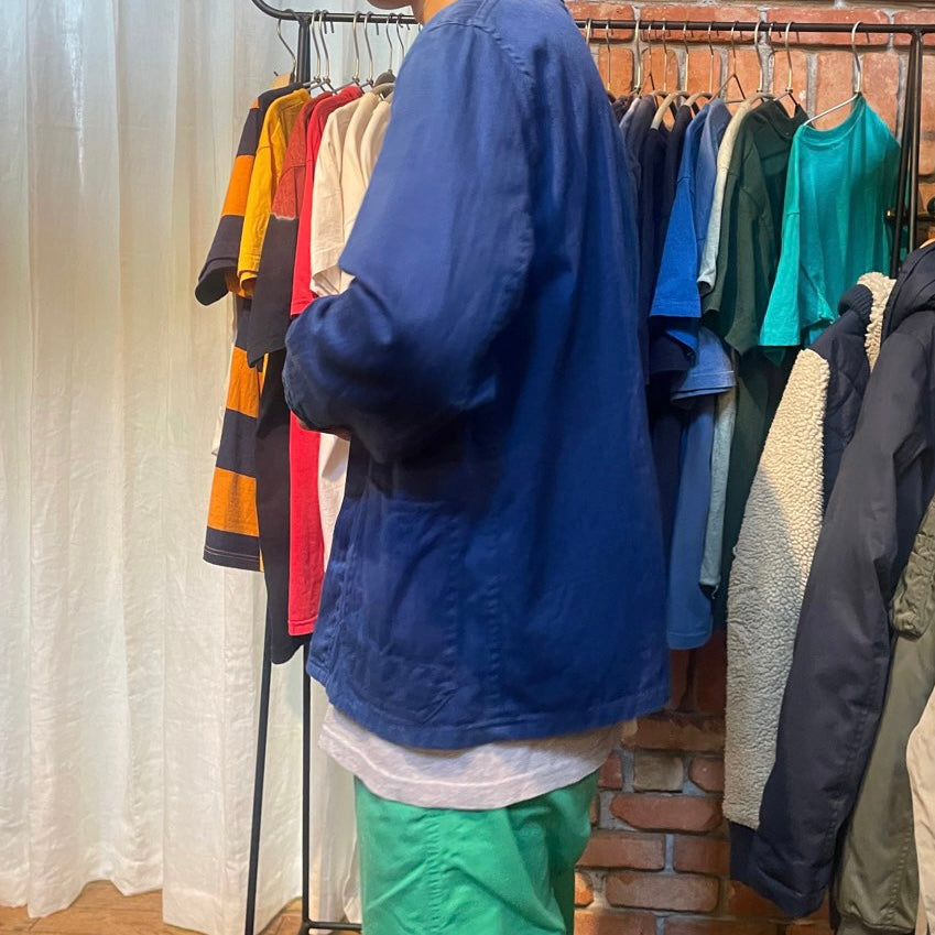 【古着】フランス ワークジャケット 70~80年代 ヘリンボーン ブルー メンズ ヴィンテージ