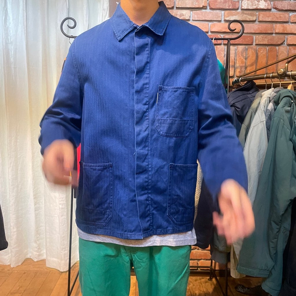 【古着】フランス ワークジャケット 70~80年代 ヘリンボーン ブルー メンズ ヴィンテージ
