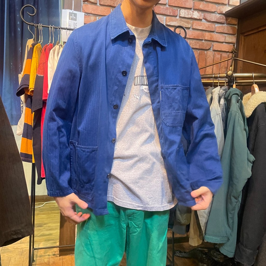 【古着】フランス ワークジャケット 70~80年代 ヘリンボーン ブルー メンズ ヴィンテージ