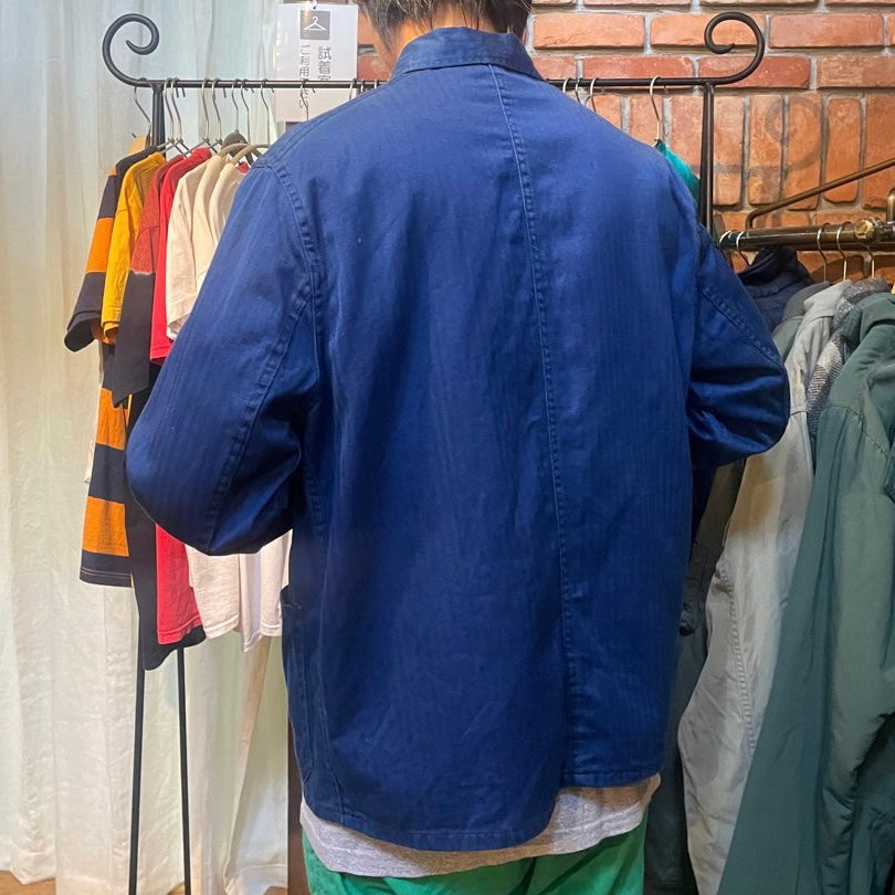 【古着】フランス ワークジャケット 70~80年代 ヘリンボーン ブルー メンズ ヴィンテージ