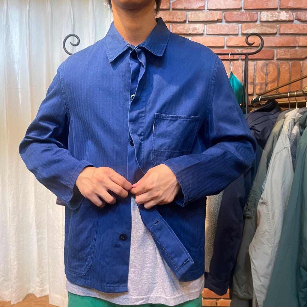 【古着】フランス ワークジャケット 70~80年代 ヘリンボーン ブルー メンズ ヴィンテージ