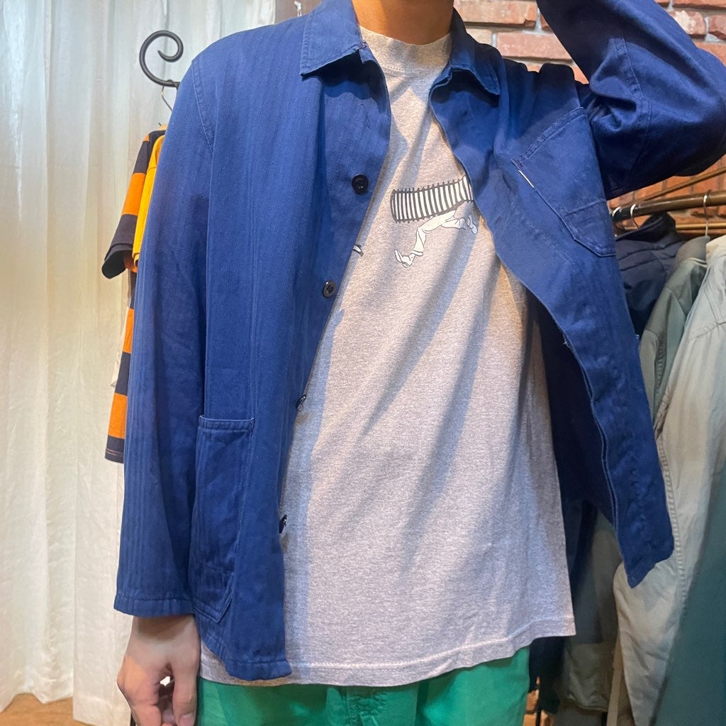【古着】フランス ワークジャケット 70~80年代 ヘリンボーン ブルー メンズ ヴィンテージ
