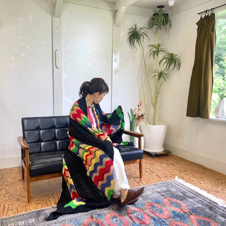 グラニーブランケット グラニーニット マルチカバー 手編み ブラック ヴィンテージ