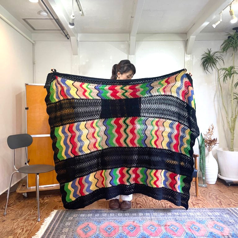 グラニーブランケット グラニーニット マルチカバー 手編み ブラック ヴィンテージ