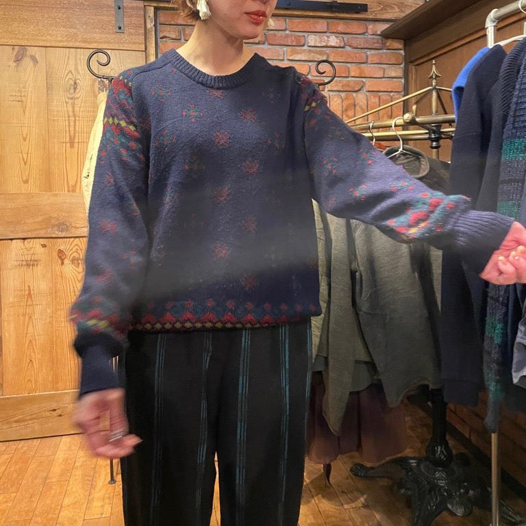 【古着】90s Made in Italy ニット ウール アクリル ネイビー レトロ