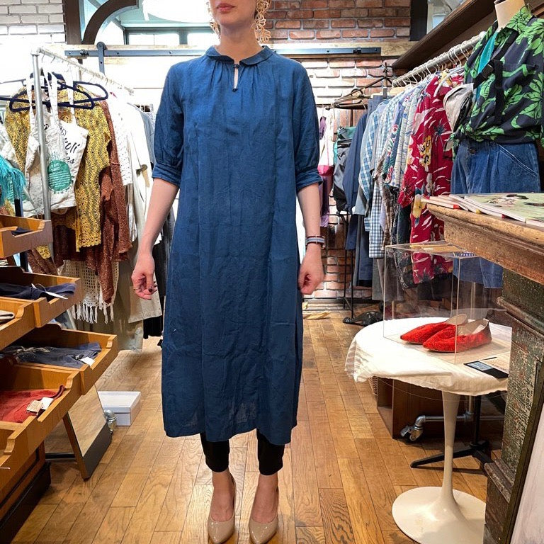 【古着】アトリエナルセ / atelier naruse リネンファーマーズワンピ / linen farmers one-piece ブルー