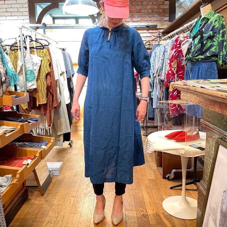 【古着】アトリエナルセ / atelier naruse リネンファーマーズワンピ / linen farmers one-piece ブルー