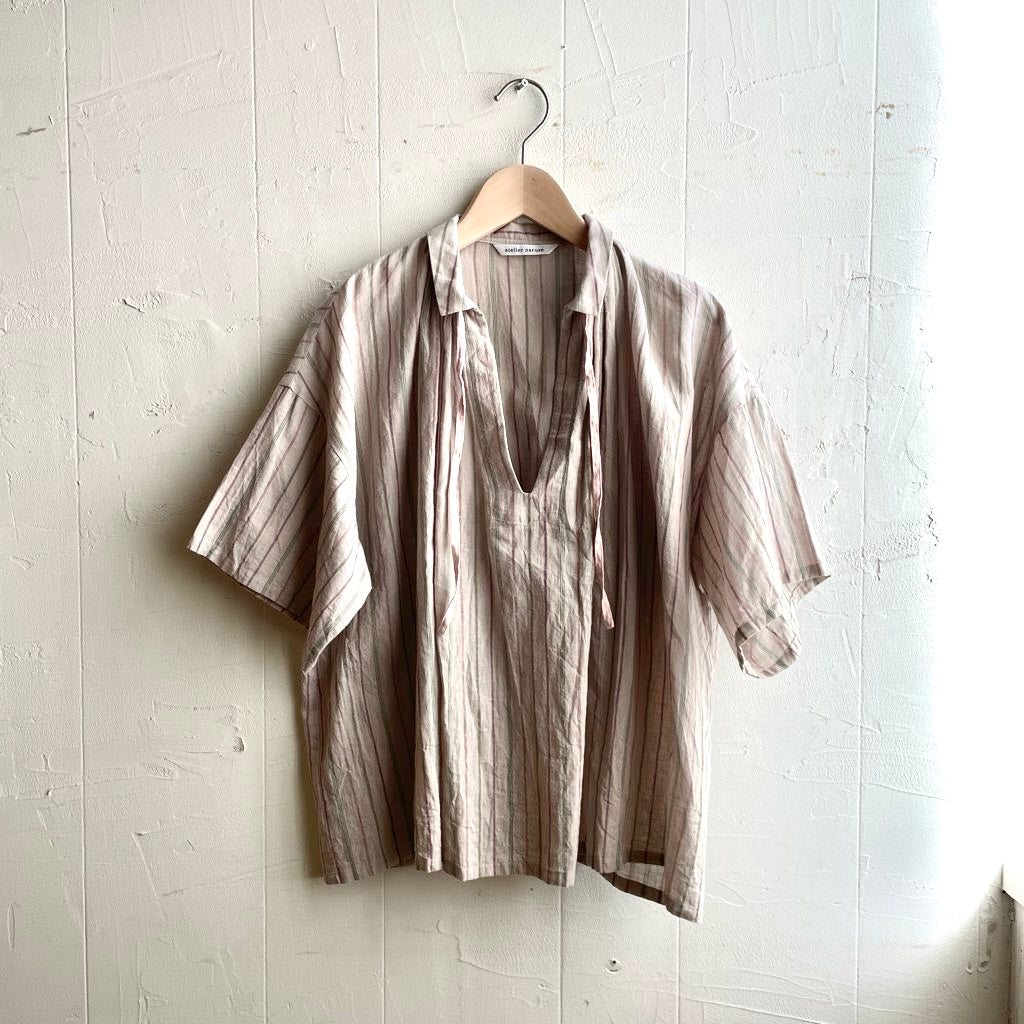【古着】アトリエナルセ / atelier naruse コットン リネン マルチ ストライプ スモック ブラウス h02060 グレー