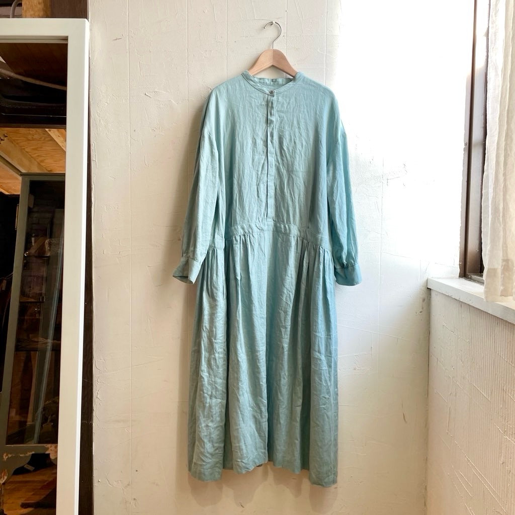 【古着】アトリエナルセ / atelier naruse リネンシャツギャザーワンピース / shirt gather one-piece アクアブルー / aqua blue