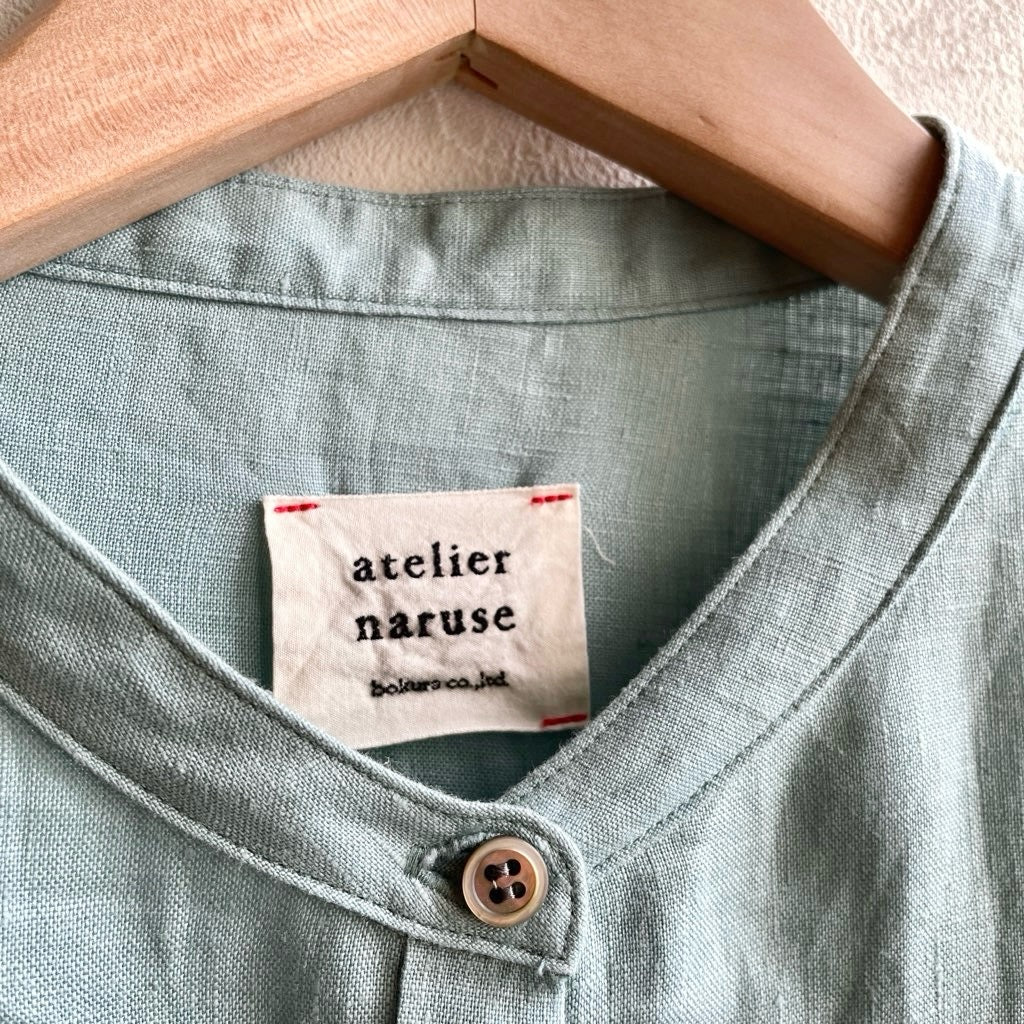 【古着】アトリエナルセ / atelier naruse リネンシャツギャザーワンピース / shirt gather one-piece アクアブルー / aqua blue