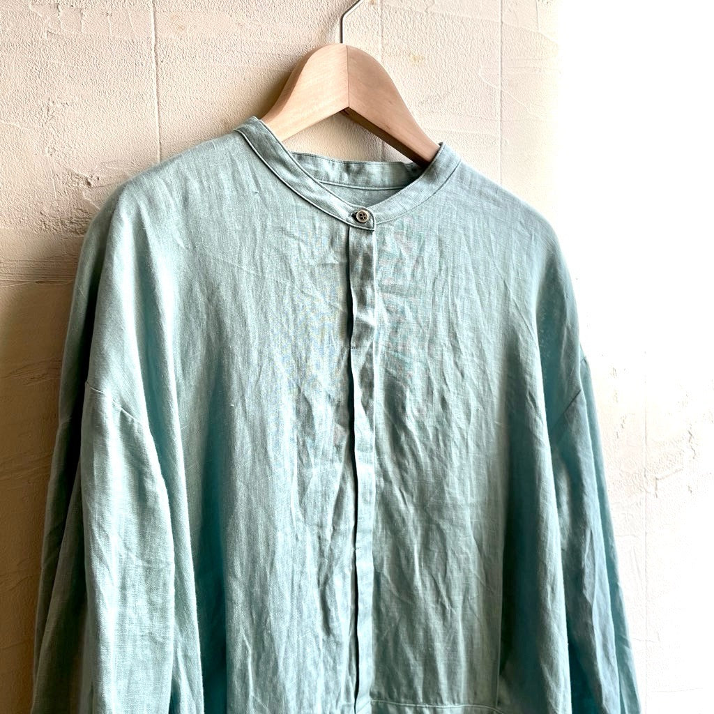 【古着】アトリエナルセ / atelier naruse リネンシャツギャザーワンピース / shirt gather one-piece アクアブルー / aqua blue