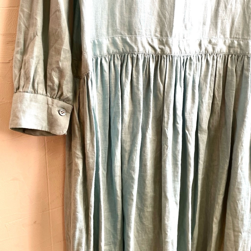 【古着】アトリエナルセ / atelier naruse リネンシャツギャザーワンピース / shirt gather one-piece アクアブルー / aqua blue