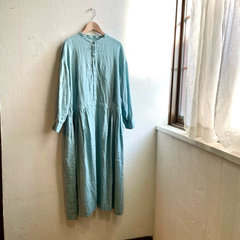 【古着】アトリエナルセ / atelier naruse リネンシャツギャザーワンピース / shirt gather one-piece アクアブルー / aqua blue