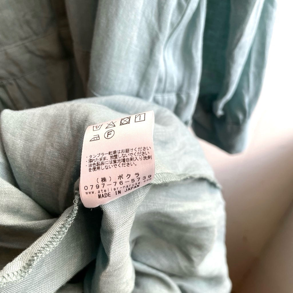 【古着】アトリエナルセ / atelier naruse リネンシャツギャザーワンピース / shirt gather one-piece アクアブルー / aqua blue