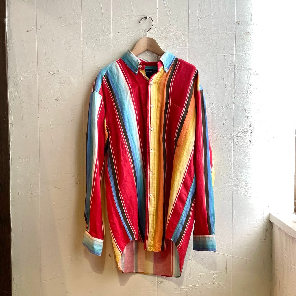 【古着】90s ラルフローレン / RALPH LAUREN マルチカラー ストライプシャツ 長袖ボタンダウンシャツ シルク×リネン