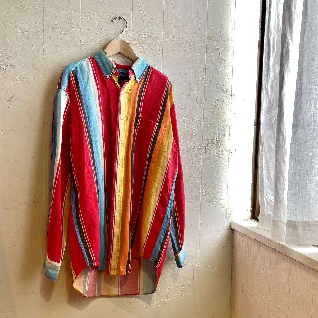【古着】90s ラルフローレン / RALPH LAUREN マルチカラー ストライプシャツ 長袖ボタンダウンシャツ シルク×リネン