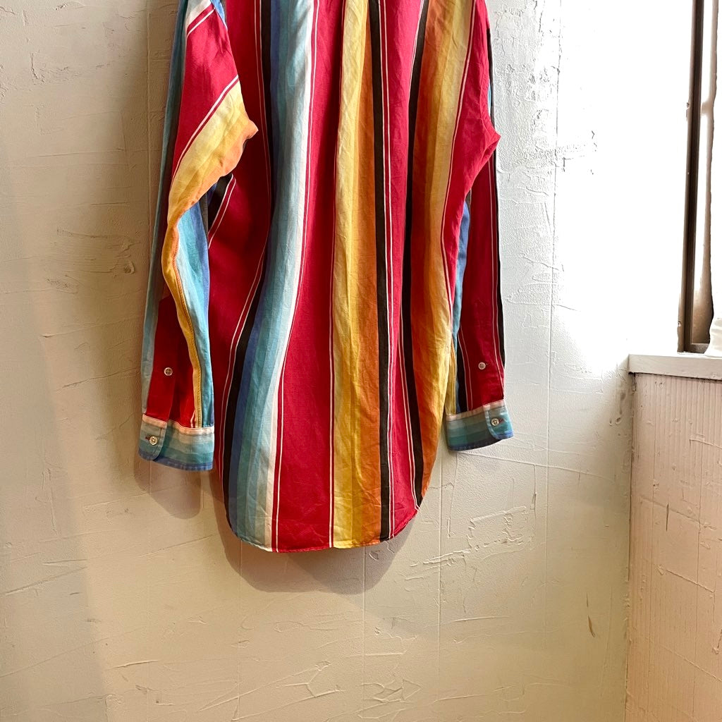 【古着】90s ラルフローレン / RALPH LAUREN マルチカラー ストライプシャツ 長袖ボタンダウンシャツ シルク×リネン
