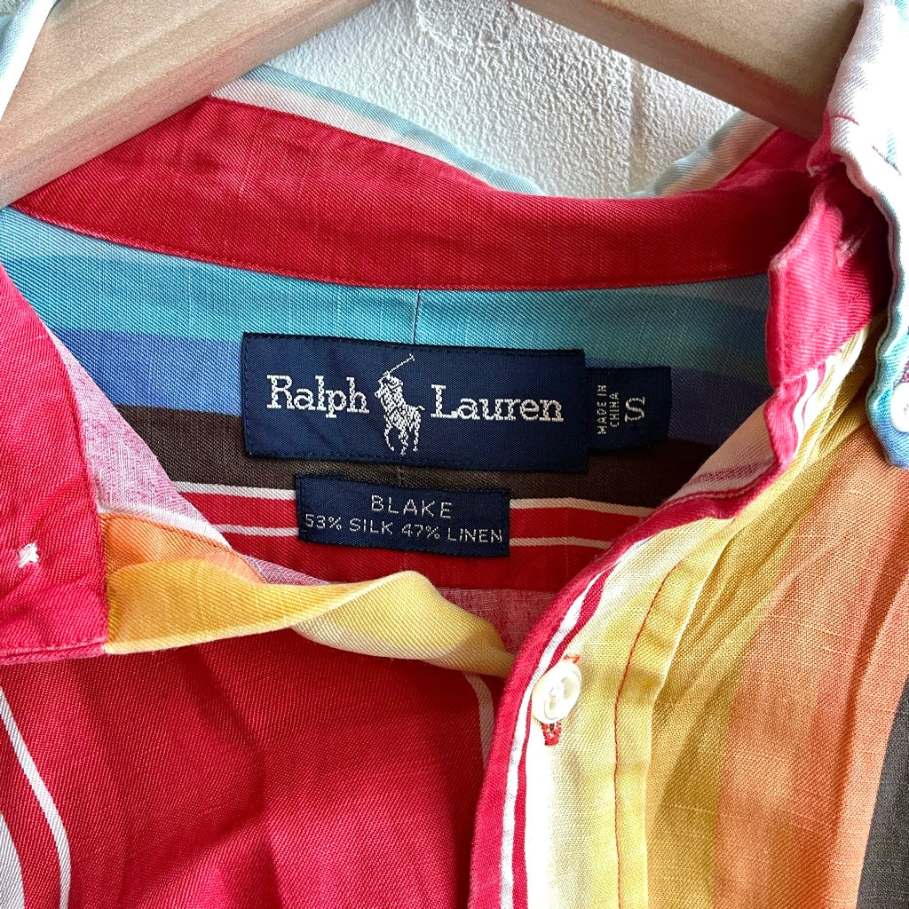 【古着】90s ラルフローレン / RALPH LAUREN マルチカラー ストライプシャツ 長袖ボタンダウンシャツ シルク×リネン